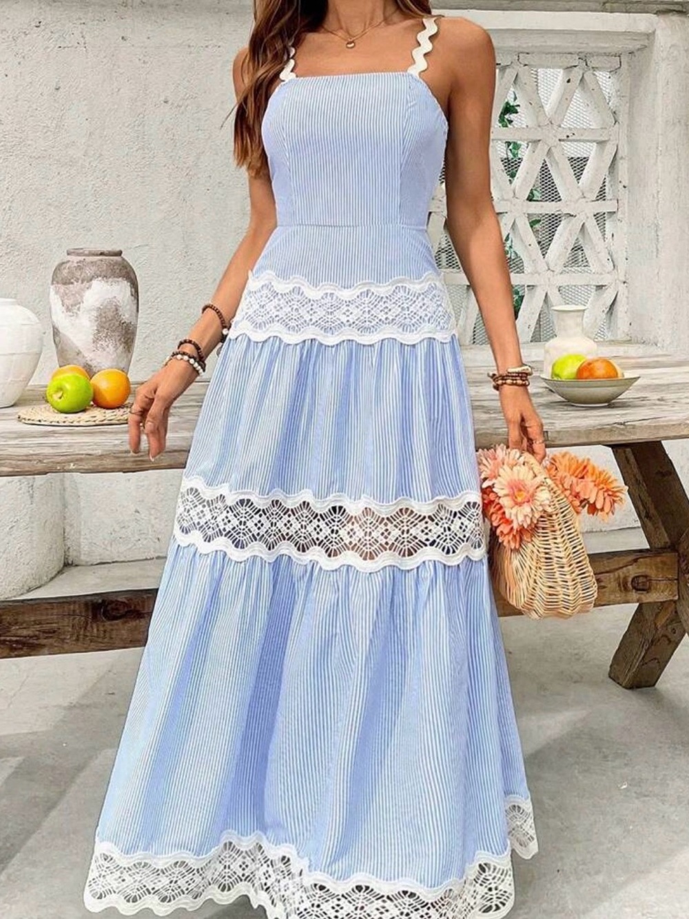 SHEIN Light Blue & White Lace-Trim Striped Maxi Dress